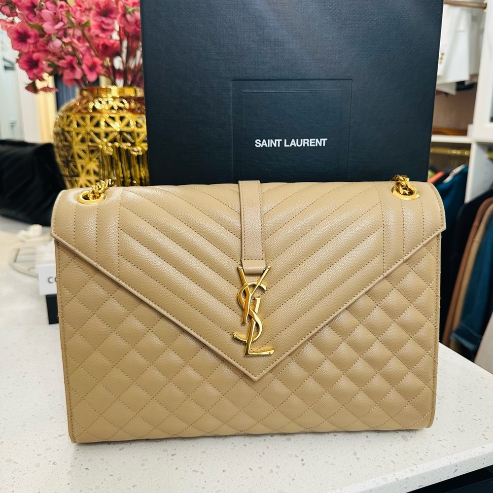Classic YSL Envelope Lambskin Chervon Diamond Quilted Brown Bag